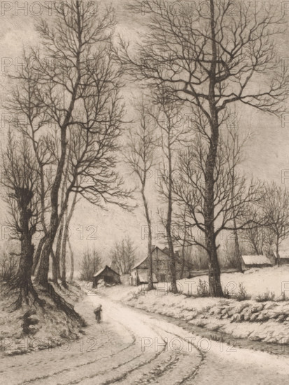 Winter landscape near Oudergem, Hiver à Auderghem (Belgique), print, watermark: 'Dambricourt Frères', printmaker: Aristide de Biseau (signed by artist), 1854 - 1883, paper, etching, intaglio printmaking technique, height 316 mm x width 234 mm, forest path or lane, A monochrome landscape showing tall leafless trees with intricate branching dominating the scene, a winding dirt path running from the foreground toward the middle distance, a small figure walking on the path carrying a staff, clustered rustic buildings with pitched roofs nestled among the trees, a smaller shelter or shed near the road, low vegetation and grass along the roadside, rutted track marks in the foreground, and a cloudy sky visible through the bare branches.