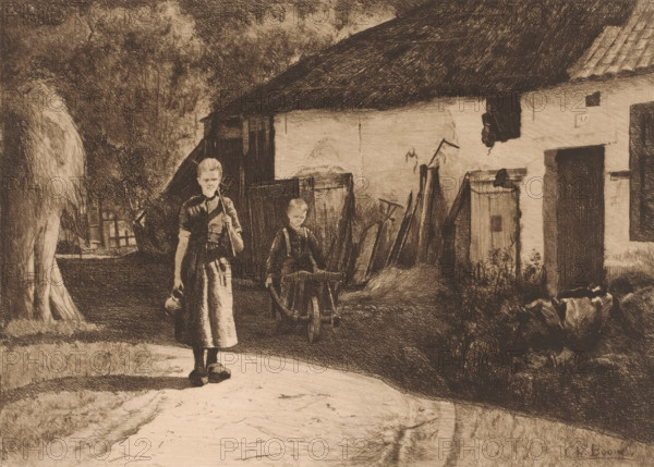 Farmyard with a girl and a boy with a wheelbarrow, Basse-cour, print, mark: 'Antwerpsche Etsers 1880', printmaker: Charles Boom (signed by artist), 1887 - 1888, paper, etching, drypoint, intaglio printmaking technique, height 319 mm x width 241 mm, A monochrome scene shows a girl standing on a path in front of a rustic building, wearing a dress and wooden shoes and holding a small container and a tool, with a younger child behind her pushing a wheelbarrow; the building has a sloped roof, a doorway, a small window, and various boards and tools leaning against its wall, while trees and foliage appear around the yard and a large tree trunk stands to the left.