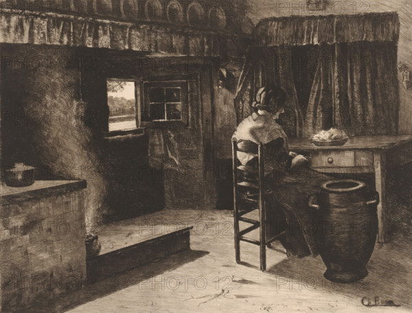Flemish interior with a woman at the kitchen table, Intérieur Flamand, print, mark: 'Antwerpsche Etsers 1880', printmaker: Charles Boom (signed by artist), 1886 - 1887, paper, etching, intaglio printmaking technique, height 247 mm x width 317 mm, A dimly lit interior scene rendered in monochrome shows a woman seated on a wooden chair at a table, her back and profile visible as she leans slightly forward with her hands near the tabletop; she wears a shawl and a head covering. The room contains heavy drapery hanging over a large bed or alcove area, a small window with panes that opens to an outside view of trees and sky, and a rough-hewn countertop with a lidded pot. A large rounded jar with two handles stands near the table, and a shallow bowl or loaf rests on the table surface. Shelves or a beam above hold round objects resembling plates, and patterned fabric trims a high shelf. The floor shows scattered debris and the walls and furnishings display dense crosshatched shading and textur...