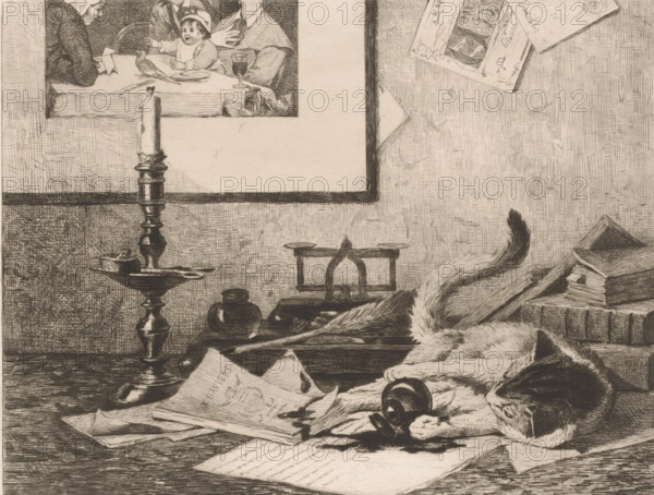 Playing cat spills an inkwell on the table, print, annotation: '3rd State', printmaker: Eduard van den Bosch, 1870 - 1880, paper, etching, drypoint, intaglio printmaking technique, height 207 mm x width 257 mm, A later state of this print was used in one of the installments of: Album du Journal des Beaux-Arts. Antwerp: sn, 1870-1880., cat, ink-well, A detailed monochrome drawing shows a tabletop scene with a reclining cat in the foreground, its head resting on a scroll or rolled paper and its tail curled upward; scattered sheets of paper lie beneath and around the cat. To the left of the cat is a tall candlestick with a partially melted candle, standing on a base with decorative shaping, and near it are small inkwell-type containers and a set of scales on the table. In the upper left corner a framed picture on the wall depicts people seated at a table with a child and a glass, and above the table area on the right side there are folded or pinned papers on the wall and a stack of books ...