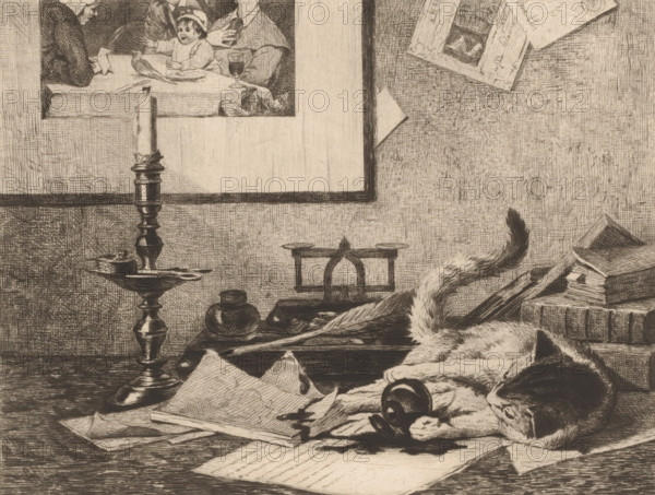 Playing cat spills an inkwell on the table, print, annotation: '5th and last state', printmaker: Eduard van den Bosch, 1870 - 1880, paper, etching, drypoint, intaglio printmaking technique, height 207 mm x width 257 mm, Although it is noted in pencil in the margin that this is the fifth and last state of this print, one more state follows. That later state of this print was used in one of the installments of: Album du Journal des Beaux-Arts. Antwerp: sn, 1870-1880., cat, ink-well, A monochrome drawing shows a tabletop scene with a sleeping cat curled up on scattered sheets and books, its tail raised and body resting over a fur pelt. Nearby lie an overturned inkwell and a quill, an ornate candleholder with a partly melted candle, a small bottle, and a set of scales. On the wall above the table is a framed picture depicting people gathered around a table, and pinned papers and sketches adhere to the wall beside it. The surface and wall are textured with fine crosshatching and the composi...