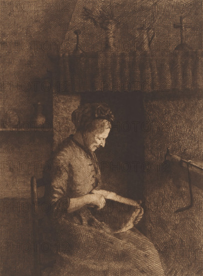 Old woman cutting a slice of bread, print, annotation: 'Imp. Van Campenhout', printmaker: Herman Boulenger (signed by artist), printer (person): JB van Campenhout, 1892, printer (person), paper, etching, drypoint, intaglio printmaking technique, height 309 mm x width 227 mm, Date of death of artist unknown. Therefore, the acquisition date has been used to determine the rights to this object., old woman, slicing bread, A seated woman wearing a bonnet and simple dress looks downward at a piece of cloth she holds in her hands, her profile and hands illuminated against a darker background; behind her is a high-backed chair, a shelf with small rounded vessels, a raised mantle with decorative finials, and a vertical cross on a distant ledge, while the surrounding walls and furnishings are rendered in dense crosshatched shading.