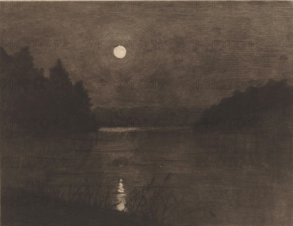 Moonlight on a lake surrounded by trees, print, printmaker: Herman Boulenger (signed by artist), 1893, paper, etching, drypoint, intaglio printmaking technique, height 217 mm x width 268 mm, Date of death of artist unknown. Therefore, the date of creation has been used to determine the rights to this object., lake, moonlight, A dark landscape viewed at night with a bright circular moon high in a textured sky, concentric lines radiating from it; silhouettes of dense tree-covered hills on left and right framing a calm reflective body of water in the middle that shows a narrow vertical reflection of the moon; foreground shows darker shoreline grasses and reeds with a small bright patch where the moonlight hits the water.