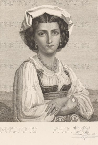 Portrait of an unknown Italian woman, print, inscription: '3e etat', printmaker: Florent Brant (signed by artist), after painting by Polydore Beaufaux, 1873 - 1909, paper, chine collé, etching, engraving, etching and engraving on chine collé, height 300 mm x width 227 mm, historical persons, adult woman, A monochrome engraved portrait of a young woman shown from the waist up, wearing a loose blouse with a fitted bodice and a folded cloth cap, her dark wavy hair framing her face; she has a composed expression with straight brows and slightly parted lips, and she wears drop earrings and a layered beaded necklace; her arms are crossed at the waist with hands resting one over the other, one hand displaying a ring on a finger; the background is textured with fine horizontal lines and a low landscape suggestion at the lower left, and the lower margin of the image contains faint marks that resemble handwritten signatures.