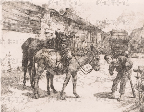 Man shouting at two donkeys, print, annotation: '1st state', printmaker: Léon Brunin (signed by artist), 1884, paper, etching, intaglio printmaking technique, height 194 mm x width 245 mm, ass, donkey, Rage, Anger, A detailed pen-and-ink scene shows two donkeys standing in the foreground, bridled and facing slightly toward the viewer, their textured coats rendered with dense cross-hatching; behind them a rustic lane leads past a row of worn buildings with sloping roofs, rough stone and timber walls, and visible roof tiles, while clouds are sketched in the sky above; to the right a barefoot man with a hunched posture leans on a staff, wearing a cap and simple clothing, his mouth open and his face heavily lined; further back are more wooden structures, a fenced area, scattered barrels and foliage, and the ground is uneven with grass and stones along the roadside.