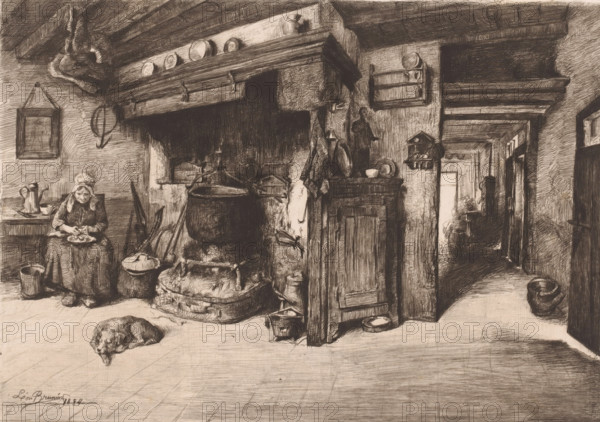 Old farmer's wife in the kitchen, print, annotation: 'Interieur de ferme a Calmpthout', mark: 'Antwerpsche Etsers 1880', printmaker: Léon Brunin (signed by artist), 1884, Léon Brunin, printmaker, paper, etching, drypoint, intaglio printmaking technique, height 240 mm x width 320 mm, kitchen interior, cleaning (food), An interior scene rendered in detailed monochrome shows a room with exposed ceiling beams and a large hearth area containing hanging pots and a cauldron, surrounded by baskets and cooking implements; a woman wearing a headscarf sits at a table peeling or preparing food near a pitcher and bowl, while a dog lies curled on the floor in the foreground; shelves and hooks on the walls hold plates, utensils, and various household objects, and a narrow doorway leads to a corridor with visible doorframes and furniture beyond.
