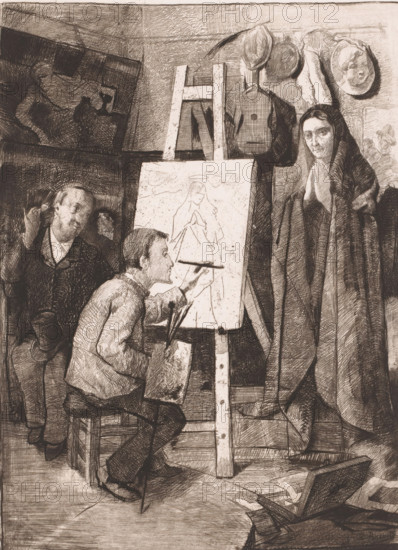 Painter, his model and an art lover in the studio, L'artiste, son modèle & l'amateur, print, annotation: '2me Etat', printmaker: Léon Brunin (signed by artist), 1883, paper, etching, drypoint, soft-ground etching, intaglio printmaking technique, height 291 mm x width 221 mm, painter working from clothed model, A monochrome etched scene shows an artist seated on a small stool, leaning forward and working on a canvas set on an easel, his hand holding a brush and a palette, a partially sketched figure visible on the canvas; to his left a man stands with a hat in hand, looking toward the artist, and behind them a wall displays hanging hats and a guitar; to the right a woman draped in a dark cloak stands with hands clasped near her face, her gaze directed toward the artist, and the foreground and floor contain scattered papers and an open box.