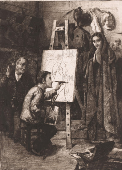 Painter, his model and an art lover in the studio, L'artiste, son modèle et l'amateur, print, annotation: '4me Etat', printmaker: Léon Brunin (signed by artist), 1883, paper, etching, drypoint, soft-ground etching, intaglio printmaking technique, height 291 mm x width 221 mm, painter working from clothed model, A dark, detailed sketch of an interior scene shows an easel with a canvas bearing a faint outline of a robed figure; a seated young man leans forward, holding a brush to the canvas and a palette tucked under his arm, while an older man stands nearby watching with a raised hand; to the right a veiled woman stands with hands clasped and a long cloak draped around her, and behind her a wall displays hanging hats and garments; the floor is littered with papers and drawing tools and the room is rendered with dense crosshatching and textured shading.