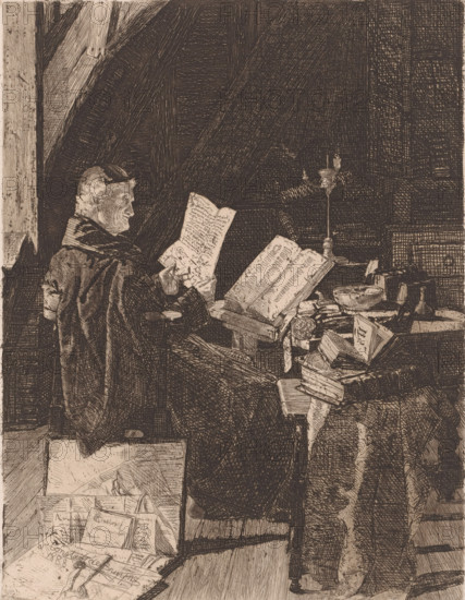 Clergyman studying ancient writings, print, annotation: 'Etat', printmaker: Constant De Bruyne, 1888, paper, etching, drypoint, intaglio printmaking technique, height 268 mm x width 207 mm, Date of artist's death unknown. Therefore, the date of manufacture and acquisition have been used to determine the rights to this object., monk(s), friar(s), An elderly man in a heavy dark robe sits at a cluttered wooden desk under exposed beams, holding a sheet of paper and looking toward it, with an open book propped on a stand and other books and loose papers scattered across the surface; a tall candleholder with a small flame stands near the open book, a bowl and various small objects rest among the papers, and stacks of documents and boxes are visible on the floor and beside the desk, while the scene is rendered in dense cross-hatched lines and a monochrome sepia tone.