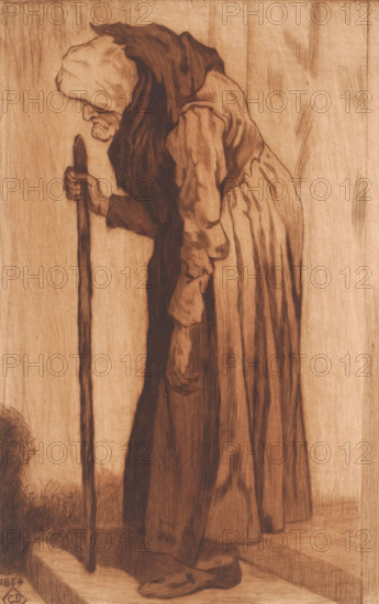 Old woman leaning on a cane in a doorway, print, annotation: 'une epreuve 1er état', printmaker: Mary Hector Rupert Cantineau, printmaker: attributed to Virgile Cantineau, after design by Charles De Groux (possibly), 1885 - in or before 1909, Attributed to, paper, etching, drypoint, intaglio printmaking technique, height 294 mm x width 196 mm, Date of death of printmaker unknown. Therefore, the date of acquisition has been used to determine the rights to this object., old woman, A sepia-toned drawing of an elderly figure standing in profile, leaning forward and resting one hand on a tall wooden staff; the figure wears a long hooded cloak with a draped outer garment and long sleeves, and a heavy shawl or scarf falls over the shoulders and down the front; the face is wrinkled and shown in side view beneath the hood, with a prominent nose and closed mouth; the other hand hangs down near the waist, partially covered by fabric folds; the long skirt or robe reaches to the ground and shows de...