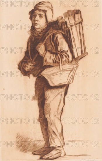 Young traveling merchant, print, annotation: '1st state', printmaker: Mary Hector Rupert Cantineau, printmaker: attributed to Virgile Cantineau, 1885 - in or before 1909, Attributed to, paper, etching, drypoint, intaglio printmaking technique, height 295 mm x width 193 mm, Date of death of printmaker unknown. Therefore, the date of acquisition has been used to determine the rights to this object., wandering or travelling merchant, A sepia-toned sketch of a standing person wearing a cap and a coat, seen in three-quarter view, holding a strap across the chest with one hand and carrying a rectangular basket-like container at the waist with the other hand, a tall bundle of planks or boards strapped to the back, loose trousers and simple shoes, with visible cross-hatched shading and sketch lines defining facial features, clothing folds, and the objects carried against a plain background.