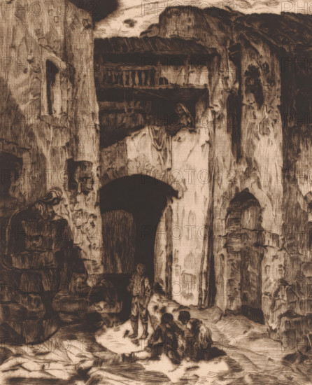 Cityscape with three children playing in the street, under the watchful eye of two women, print, annotation: '2 epreuve, de c'est etat FG', annotation: 'Une vue en Italie par Buyck d'apres Decamps', annotation: '2 etat', printmaker: Florimond Buyck (signed by artist), after design by Alexandre-Gabriel Decamps, c. 1870 - in or before 1909, paper, etching, drypoint, intaglio printmaking technique, height 279 mm x width 219 mm, Date of death of printmaker unknown. Therefore, the acquisition date has been used to determine the rights to this object., village street, A sepia-toned scene of a weathered stone structure with rough textured walls, arches, and ledges, showing worn architectural details and a balcony with balusters; figures in simple clothing occupy the foreground and midground, with one standing and others seated or crouched on the ground, while another figure appears on a ledge above; shadows and crosshatched lines emphasize the crumbling surfaces, stacked rocks, and recessed d...