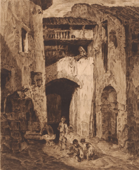 Cityscape with three children playing in the street, under the watchful eye of two women, print, annotation: '3 etat', printmaker: Florimond Buyck (signed by artist), after design by Alexandre-Gabriel Decamps, c. 1870 - in or before 1909, paper, etching, drypoint, intaglio printmaking technique, height 280 mm x width 219 mm, Date of death of printmaker unknown. Therefore, the date of acquisition has been used to determine the rights to this object., village street, A monochrome sketch of a weathered stone courtyard with tall, rough walls and arched doorways, showing a balcony with a simple railing and a cloth draped over a low wall; a figure sits on the wall near the balcony while three figures stand or crouch on the ground below, surrounded by scattered stone blocks and textured masonry, with shadows and crosshatched shading defining roof tiles, wooden beams, and uneven ground.