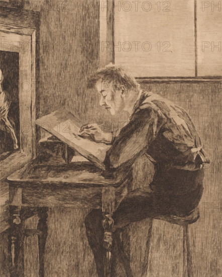 Draughtsman bent over his work, print, annotation: '1er état', printmaker: Florimond Buyck (signed by artist), 1889, paper, etching, intaglio printmaking technique, height 307 mm x width 238 mm, Date of death of printmaker unknown. Therefore, the acquisition date has been used to determine the rights to this object., portrait, self-portrait of artist, draughtsman at work, A sepia-toned etching shows a young man seated on a turned wooden stool at a wooden desk, leaning forward with one arm resting on a slanted drawing board and the other hand holding a thin implement to a sheet on the board; he has short hair and a focused facial expression in profile, wearing a patterned garment with visible folds and shading; the scene includes a vertical panelled wall behind him, textured shading on the wall and floor, and parts of furniture and architectural openings at the left edge, all rendered with dense cross-hatching lines.