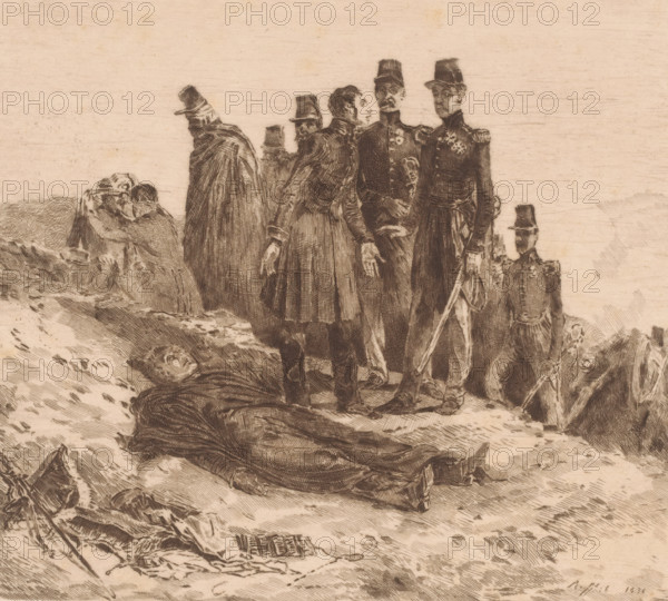Death of General Ambremont on the battlefield, print, annotation: '1er état', printmaker: Florimond Buyck (signed by artist), after design by Denis Auguste Marie Raffet, 1888, paper, etching, height 226 mm x width 243 mm, Date of death of printmaker unknown. Therefore, the acquisition date has been used to determine the rights to this object., the corpse, the defeated (after the battle), A sepia-toned etching shows a group of uniformed men standing on uneven ground, wearing long coats and tall hats, some with visible medals on their chests and one holding a sword; nearby other figures in cloaks and hats stand or kneel, and several bodies lie motionless on the ground in foreground and midground, their clothing and limbs rendered in fine crosshatch lines, while a few figures appear to embrace or lean over each other at the left edge of the scene.