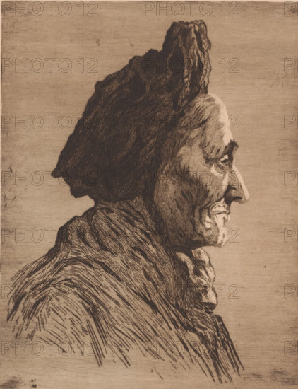 Portrait of an unknown old woman, in profile, print, annotation: 'unique proof', annotation: 'original proof', annotation: '1st State', printmaker: Mary Hector Rupert Cantineau (signed by artist), 1896-06, paper, etching, drypoint, intaglio printmaking technique, height 319 mm x width 248 mm, Date of death of printmaker unknown. Therefore, the date of creation and acquisition have been used to determine the rights to this object., old woman, A sepia-toned etching of an elderly person's profile facing right, showing a prominent hooked nose, deep-set eye, wrinkled cheek and chin, and a pronounced jawline. The figure wears a textured, dark head covering with a tall, irregular peak and a heavy, fur-like garment around the shoulders and neck rendered with dense, directional lines. The background is blank with a subtle grainy texture.
