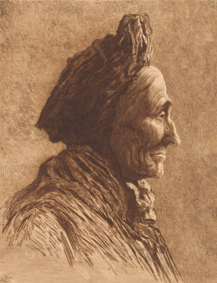 Portrait of an unknown old woman, in profile, print, annotation: '2nd state', annotation: 'original two proofs', printmaker: Mary Hector Rupert Cantineau (signed by artist), 1896, paper, Japanese paper (handmade paper), etching, drypoint, intaglio printmaking technique, height 321 mm x width 252 mm, Date of death of printmaker unknown. Therefore, the date of creation and acquisition have been used to determine the rights to this object., old woman, A sepia-toned drawing shows a profile view of an elderly person facing right, with a prominent hooked nose, deep-set eye, and pronounced facial wrinkles. The person wears a dark, textured head covering that extends upward and back, and a layered garment with visible linear strokes suggesting folds and fabric. The rendering uses dense, directional hatching and cross-hatching to create shadows and contours across the face, clothing, and background, giving a carved or etched appearance. The background is uniformly shaded with fine, diagonal lin...