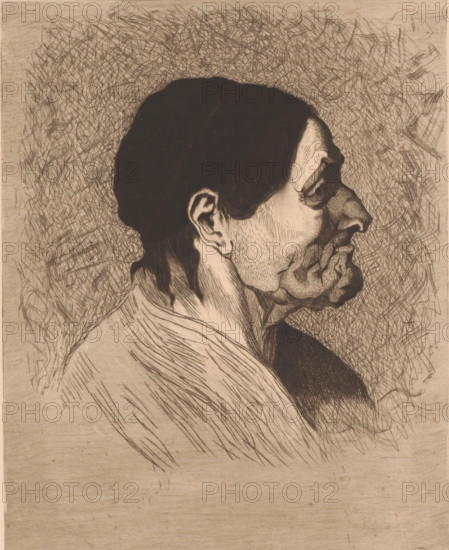 Portrait of an unknown old woman, in profile, print, annotation: '2 eupreuves MC', annotation: '2me État', printmaker: Mary Hector Rupert Cantineau (signed by artist), after design by Auguste Danse, 1894-08-24, paper, etching, intaglio printmaking technique, height 276 mm x width 199 mm, Date of death of printmaker unknown. Therefore, for the determination of the rights to this object, the date of manufacture and acquisition have been used., old woman, A sepia-toned etching shows a close-up profile of an older man's head and shoulders facing right, with dark, closely cropped hair and a pronounced brow, nose, and chin; his ear, jawline, and neck are detailed with fine etched lines suggesting stubble and skin texture, and his lower face has deep wrinkles and folds. The man's clothing is suggested with sweeping, parallel lines across his shoulder and upper chest, and a darker, densely crosshatched area appears beneath his chin. The background is filled with chaotic, overlapping hatch mark...