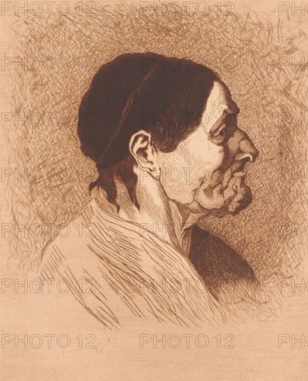 Portrait of an unknown old woman, in profile, print, annotation: '3rd state', annotation: '2 proofs MC', printmaker: Mary Hector Rupert Cantineau (signed by artist), after design by Auguste Danse, 1894, paper, etching, intaglio printmaking technique, height 276 mm x width 199 mm, Date of death of printmaker unknown. Therefore, the date of manufacture and acquisition have been used to determine the rights to this object., old woman, A sepia-toned pen-and-ink portrait of a man's head in profile facing right, showing a closely cropped dark cap, thick dark hair at the nape, a pronounced ear, and a lined face with a heavy, textured beard and moustache; the neck and shoulder drapery are sketched with long, flowing strokes, and the background is filled with dense, chaotic cross-hatching and scribbled lines.