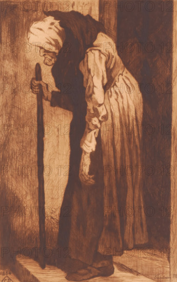 Old woman leaning on a cane in a doorway, print, annotation: '2 epreuves', printmaker: Mary Hector Rupert Cantineau, after design by Charles De Groux (possibly), 1885 - in or before 1909, paper, etching, drypoint, intaglio printmaking technique, height 299 mm x width 196 mm, Date of death of printmaker unknown. Therefore, the acquisition date has been used to determine the rights to this object., old woman, An elderly person stands leaning forward, wearing a head covering and a long, loose garment with a dark outer cloak; one hand grips a tall staff while the other hand hangs down beside the skirt, and the figure's head is bowed with facial features rendered in profile; the background shows a vertical dark panel beside a lighter textured surface, and the overall image has a sepia-toned, sketchlike appearance with visible line work and shading.