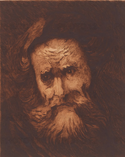 Head of an old man with a beard, print, annotation: '1er état', annotation: '6 tete d'apres Rembrant par Cantineau', annotation: '2 epreuves MC', printmaker: Mary Hector Rupert Cantineau (signed by artist), after design by Rembrandt van Rijn, 1885 - in or before 1909, Mary Hector Rupert Cantineau, Rembrandt van Rijn, printmaker, after design by, paper, etching, drypoint, intaglio printmaking technique, height 343 mm x width 264 mm, Date of death of printmaker unknown. Therefore, the acquisition date has been used to determine the rights to this object., Person, portrait, self-portrait of artist, A close-up etched portrait of an elderly face with deep-set eyes, a pronounced furrowed brow, and a long flowing beard, rendered in dark brown and warm copper tones with dense swirling hair surrounding the head and textured linework emphasizing wrinkles and facial contours.