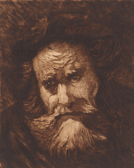 Head of an old man with a beard, print, annotation: '2nd state', annotation: '3 proofs MC', printmaker: Mary Hector Rupert Cantineau (signed by artist), after design by Rembrandt van Rijn, 1885 - in or before 1909, paper, etching, drypoint, intaglio printmaking technique, height 342 mm x width 263 mm, Date of death of printmaker unknown. Therefore, the acquisition date has been used to determine the rights to this object., Person, portrait, self-portrait of artist, A close-up sepia-toned portrait of an older man showing the forehead, eyes, nose, moustache, and beard rendered with dense, directional hatch marks; he wears a dark hat with a brim and has long hair flowing down the sides of his face, and the facial features are emphasized by deep shadows and highlights created by fine, textured lines.