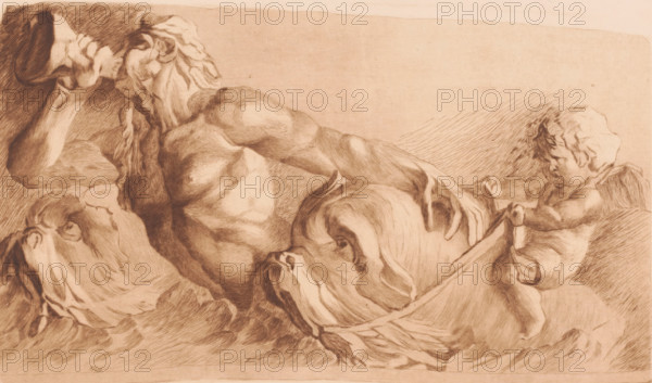 Triton blowing a conch, print, annotation: 'trois épreuves de c'est état. MC', annotation: '2me état', printmaker: Mary Hector Rupert Cantineau (signed by artist), after design by Jean Baptiste Carpeaux, 1885 - in or before 1909, Mary Hector Rupert Cantineau, Jean Baptiste Carpeaux, printmaker, after design by, paper, etching, drypoint, intaglio printmaking technique, height 221 mm x width 433 mm, Copy after a bas-relief. Date of death of printmaker unknown. Therefore, the acquisition date has been used to determine the rights to this object., dolphin, ornament, triton(s) (attributes), A sepia-toned drawing shows a muscular reclining male figure with a long beard and flowing hair, his torso and arm rendered with strong, curved shading and pronounced musculature; his head rests on one hand while his other arm extends across a large rounded object draped with fabric. Opposite him, a small cherub-like child with curly hair stands on a surface, gripping the edge of the draped object with b...