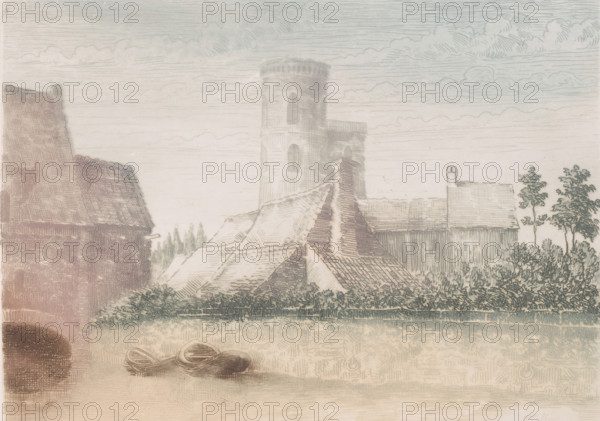 View of an old city wall, print, printmaker: Armand Collard, 1848 - 1909, paper, etching, à la poupée, intaglio printmaking technique, etching à la poupée with plate tone, height 220 mm x width 273 mm, canal, city-walls, city-view, and landscape with man-made constructions, A softly colored drawing showing the rooftops of buildings with tiled and thatched surfaces, a round tower rising behind them with tall narrow windows, a wall topped with dense shrubbery in front, two simple wooden shoes resting on the ground near an arched dark opening at the left, and a sky filled with layered, wispy clouds.