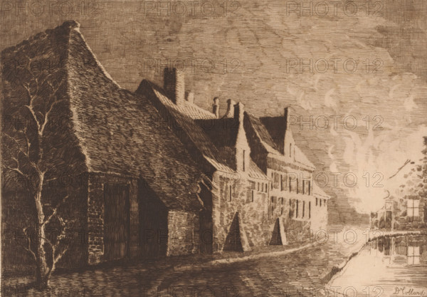 Village view with burning house, print, mark: 'Antwerpsche Etsers 1880', printmaker: Armand Collard, 1848 - 1909, paper, etching, intaglio printmaking technique, etching with plate tone, height 206 mm x width 270 mm, on fire, ablaze, village, A sepia-toned sketch of a street scene showing a row of buildings with steeply pitched roofs and chimneys, a thatched roof prominently in the foreground, a bare-branched tree at the left edge, textured cross-hatched sky, a smoke-like plume rising near the middle right, shadowed doorways and windows along the buildings, and a reflective waterway or canal at the lower right edge.