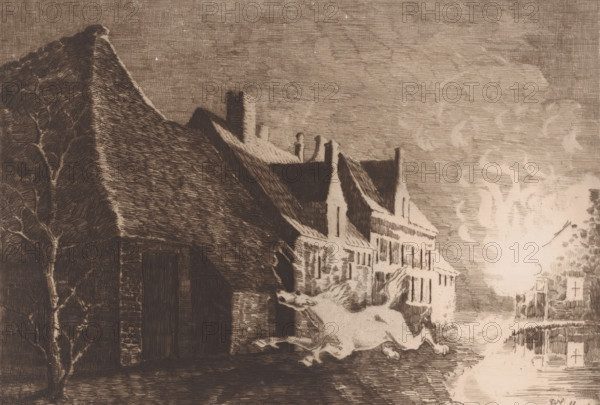 Village scene with horse fleeing from a fire, print, printmaker: Armand Collard, 1848 - 1909, paper, chine collé, etching, intaglio printmaking technique, etching with plate tone on chine collé, height 205 mm x width 270 mm, horse, on fire, ablaze, village, A sepia-toned scene shows a row of thatched and pitched rooftops along a street, with textured shading across the sky and buildings, a bare-branched tree at the left foreground, chimneys and roof ridges silhouetted against the sky, and a group of animals running along the street toward a bright glowing area at the right that emits swirling light and outlines of smoke, with distant structures and crosses visible near the horizon.