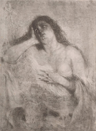Penitent Mary Magdalene, print, printmaker: Frédérique Émile Auguste O'Connell-Miethe, after design by Frédérique Émile Auguste O'Connell-Miethe, 1833 - 1885, Frédérique Émile Auguste O'Connell-Miethe, printmaker, paper, chine collé, etching, intaglio printmaking technique, etching with plate tone, proof print, height 279 mm x width 215 mm, the penitent harlot Mary Magdalene, possible attributes: book (or scroll), crown, crown of thorns, crucifix, jar of ointment, mirror, musical instrument, palm-branch, rosary, scourge - portrait of female saint, A monochrome etching of a long-haired figure shown from the torso upward, with one arm raised so the hand supports the head and the other hand resting on the chest; the figure's hair is curly and dark, shading emphasizes facial features and the neck, and the bare shoulders and upper chest are visible with textured shading suggesting hair or fur across the torso; a simple vertical wooden cross with tied cloth appears at the left edge, and the ...
