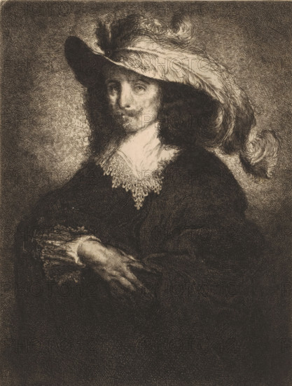 Nobleman from the time of Louis Frédérique Émile Auguste O'Connell-Miethe, paper, etching, drypoint, intaglio printmaking technique, etching and drypoint with plate tone, height 261 mm x width 197 mm, anonymous historical person portrayed alone, A sepia-toned etching of a seated man shown from the waist up wearing a wide-brimmed hat adorned with large flowing feathers, long curly dark hair falling to his shoulders, a narrow mustache and small pointed beard, a lace-trimmed collar visible at his neckline, a dark cloak or coat, and his hands resting one over the other with visible shading and crosshatching throughout the background and clothing.