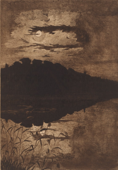 Water by moonlight, print, Reflection of the landscape in the water by moonlight. Two swans are swimming in the water., inscription: '5 l'eau vu le soir', inscription: '3eme Etat definitif', printmaker: Omer Coppens (signed by artist), 1874 - 1909, Omer Coppens, printmaker, paper, etching, intaglio printmaking technique, drypoint, aquatint, plate tone, drypoint and aquatint, height 329 mm x width 270 mm, lake, water-birds: swan, moonlight, A dark silhouetted treeline fills the middle of the scene, reflected in a calm body of water below; above it a bright circular moon is partially obscured by swirling, textured clouds with layered, curved linework; in the foreground tall, slender reeds and grasses grow along a shoreline with visible stems and leaves, and a small round boat rests near the water's edge; the overall image is rendered in a sepia-toned, etched style with crosshatched shading throughout.
