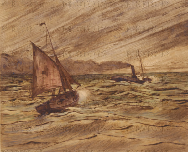Two ships at sea, print, inscription: '2eme Etat', printmaker: Omer Coppens (signed by artist), 1874 - 1909, paper, etching, drypoint, intaglio printmaking technique, hand coloring, plate tone and drypoint hand colored, height 245 mm x width 298 mm, sailing-ship, sailing-boat, steamship, motorship, A seascape showing two vessels on choppy waters under a streaked sky, one vessel in the foreground with a large triangular sail and visible rigging, the other farther back with a smokestack emitting a plume and a smaller mast, waves rendered with sweeping brushstrokes, distant low clouds along the horizon, and the overall color palette dominated by muted browns and ochres with hints of darker and paler tones.