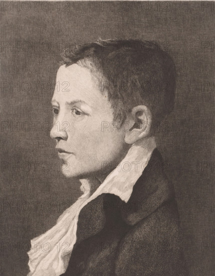 Portrait of an unknown boy, three-quarters to the left, print, inscription: 'D'après David, 4e etat', printmaker: Eugène Cosyns (signed by artist), 1887, Eugène Cosyns, printmaker, paper, etching, height 266 mm x width 210 mm, historical persons, youth, adolescent, A sepia-toned side profile portrait of a young person facing left, showing short, dark hair, a smooth forehead, a straight nose, closed lips, and a visible ear; the person wears a high-collared garment with a light, textured scarf or cravat and a darker outer coat, all rendered with fine crosshatch shading against a textured background.