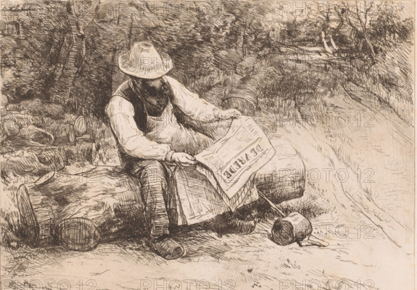 Woodcutter reading on a tree stump in the forest, print, mark: 'Antwerpsche Etsers 1880', printmaker: Florent Nicolas Crabeels (signed by artist), 1839 - 1896, paper, etching, intaglio printmaking technique, etching with plate tone, height 240 mm x width 320 mm, reading, newspaper, news-sheet, woodcutting, woodcutter, forestry, A seated man wearing a wide-brimmed hat and simple work clothes holds a folded sheet while sitting on a pile of logs and barrels; his head is slightly bowed and his hands grasp the paper at its edges. Surrounding him are stacked wooden barrels and cut tree trunks scattered on the ground. Behind him a path or waterway winds past dense foliage and trees that flank both sides of the scene, with more trees and vegetation extending into the background. The drawing is rendered in fine pen lines with crosshatching that creates texture and shading across the figures, wood, and landscape.