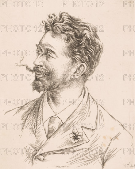 Portrait of Félicien Rops, print, annotation: '1er état', printmaker: Louise Danse (signed by artist), 1893-09, paper, etching, drypoint, intaglio printmaking technique, height 249 mm x width 200 mm, Person, Félicien Rops, artist in non-work situation, A pen-and-ink portrait of a man shown in profile facing left with wavy hair swept back and a mustache and goatee, a thin trail of smoke curling from his mouth; detailed line work defines his facial features, hair, and beard, and shading through closely spaced strokes contours his neck and cheeks; he wears a collared shirt and tie beneath a jacket with a lapel flower, rendered with loose cross-hatching and directional lines, all set against a plain, light background.