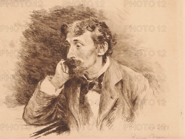 Portrait of Louis Artan de Saint-Martin, print, annotation: '1re état', printmaker: Louise Danse (signed by artist), 1891, paper, etching, drypoint, intaglio printmaking technique, height 199 mm x width 275 mm, Person, Louis Artan de St.Martin, anonymous historical person depicted alone, A sepia-toned sketch of a man shown from the chest up, turned slightly to his left with his head resting on his hand; he has wavy hair, a mustache and beard, and a contemplative facial expression. He wears a collared shirt with a bow or loosely tied neck accessory and a jacket with visible lapels and textured shading. The background features dense, crosshatched strokes concentrated behind his head that fade outward into lighter hatch marks, and the overall image is rendered with fine, linear etching lines and varied shading on the face, hair, clothing, and background.