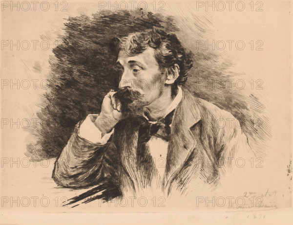 Portrait of Louis Artan de Saint-Martin, print, annotation: '2me etat', printmaker: Louise Danse (signed by artist), 1891, paper, etching, drypoint, intaglio printmaking technique, height 199 mm x width 275 mm, Person, Louis Artan de St.Martin, anonymous historical person depicted alone, A sepia-toned sketch of a seated man shown from the waist up, resting his head on his hand with his elbow bent and fingers near his cheek. He has wavy hair, a mustache, and a beard, and his gaze is directed slightly downward and to the side. He wears a jacket over a collared shirt and a loosely tied necktie. Dense, expressive crosshatching surrounds and defines his hair and the background, while finer lines render the folds and texture of his clothing and the contours of his face and hand. The image has an overall aged paper tone with visible sketch marks and shading strokes.