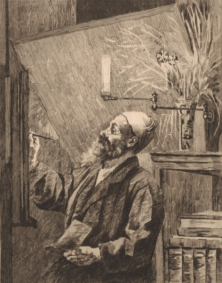 Auguste Danse at the easel, print, annotation: '1re Etat', printmaker: Louise Danse (signed by artist), 1882, paper, etching, drypoint, intaglio printmaking technique, height 306 mm x width 237 mm, Person, Auguste Danse, painter at work, in his studio, A monochrome etching shows an older man with a long beard and a cap looking upward while holding a small object in one hand and a thin implement in the other. He wears a loose robe and stands beside a wooden cabinet with shelves of books. A wall-mounted candle holder with an extended arm and a tall candle is visible near his head, and a vase filled with tall, feathery foliage is mounted on the wall above the cabinet. The background consists of vertical and diagonal hatch shading and wooden paneling, and a mirror or framed surface reflects part of the scene.