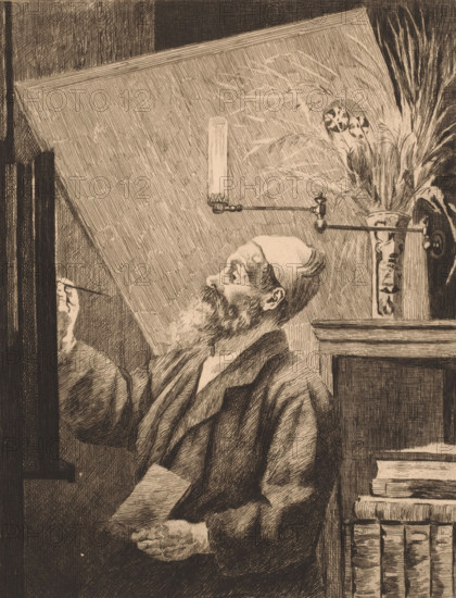 Auguste Danse at the easel, print, annotation: '2eme Etat', printmaker: Louise Danse (signed by artist), 1883, paper, etching, drypoint, intaglio printmaking technique, height 306 mm x width 237 mm, painter at work, in his studio, A bearded man wearing a cap and a loose robe is shown from the waist up, holding a rectangular object in one hand and a thin tool in the other while looking upward; behind him a large angled surface fills the upper left area, and a wall-mounted lamp with a cylindrical shade extends toward a tall vase holding long feathery grasses and a spotted round object among the stalks; to the right a wooden shelf displays stacked books with visible spines and a horizontal ledge above them.