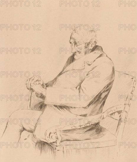 Old man with walking stick in a chair, print, annotation: '1er état', printmaker: Louise Danse (signed by artist), 1887, paper, etching, drypoint, intaglio printmaking technique, height 318 mm x width 238 mm, old man, anonymous historical person identified alone, A sepia-toned sketch of an elderly man seated in a carved wooden armchair, shown in profile with his head slightly bowed and eyes directed downward, wearing a loose overcoat with a prominent collar and holding a cane with both hands resting on its top, his facial features and thinning hair rendered with fine, expressive lines, the chair showing decorative scrollwork on the arm and nailhead trim along the back, and the background left largely empty.