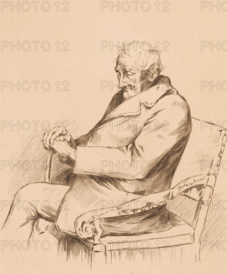 Old man with a walking stick in a chair, print, annotation: '2ème état', printmaker: Louise Danse (signed by artist), 1887, paper, etching, drypoint, intaglio printmaking technique, height 318 mm x width 238 mm, old man, anonymous historical person alone, A sepia-toned pencil or ink drawing of an elderly man seated in a carved wooden armchair, shown in profile with his head slightly bowed and eyes downcast, his thinning hair and lined face rendered with fine cross-hatching, wearing a heavy coat with a wide collar and his hands resting on the handle of a cane, the chair arm featuring decorative scrollwork and upholstery tacked with visible studs, the composition occupying the right side of the page against a largely blank background.