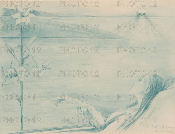 Dying young woman with a lily, print, annotation: '3ième Etat - 2 épreuves', printmaker: Louise Danse (signed by artist), 1877 - 1909, paper, etching, drypoint, print in blue, intaglio printmaking technique, height 198 mm x width 259 mm, death's head, skull (symbol of Death), flowers: lily, death of a young person, A pale blue pencil drawing shows a reclining figure seen in profile with long hair swept back and an upward gaze, an outstretched arm with delicate fingers and a loose-sleeved garment, a tall stem with large trumpet-shaped flowers rising from the lower edge, a distant horizon with layered horizontal planes and shaded triangular landforms, and a small skull-like shape near the upper edge emitting fine radiating lines.
