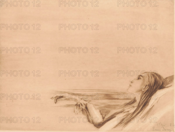 Dying young woman with a lily, print, annotation: '1er Etat - 2 épreuves', printmaker: Louise Danse (signed by artist), 1877 - 1909, paper, etching, drypoint, intaglio printmaking technique, etching and drypoint with plate tone, proof, height 198 mm x width 259 mm, death's head, skull (symbol of Death), flowers: lily, death of a young person, A sepia-toned drawing showing a reclining female figure occupying the lower right area, her head tilted back with eyes looking upward and long hair flowing behind her, a feather or wing-like shape near the back of her head, one arm extended outward with a delicately drawn hand and fingers relaxed, the other arm bent and resting across her body, soft shading and fine linework defining facial features, hair, and drapery, and a large empty background of textured paper filling the rest of the image.