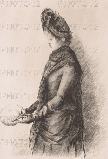 Young woman with a skull in her hands, print, annotation: '2nd state', printmaker: Louise Danse (signed by artist), 1887, paper, etching, intaglio printmaking technique, height 344 mm x width 226 mm, (human) skull, meditation over skull and, or crucifix, A monochrome sketch of a young person shown in profile facing left, wearing a tall, feathered hat and a textured shawl draped over the shoulders; the figure's facial features are rendered softly with a downward gaze, and gloved hands extend forward to hold a human skull, which is depicted with visible contours and shading; the clothing shows layered fabrics and folds with fine crosshatching, and the background features diagonal hatch marks contrasting with a mostly blank area.