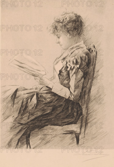Young woman reading a letter, print, annotation: '2ème', printmaker: Louise Danse (signed by artist), 1877 - 1909, paper, etching, drypoint, intaglio printmaking technique, height 298 mm x width 227 mm, reading, letter, envelope, A seated young woman in profile faces left, her head slightly bowed as she looks at a folded sheet held in her hands, with short curly hair and a calm facial expression; she wears a light blouse with darker shadowed areas on the sleeves and a dark skirt, and she sits on a simple wooden chair with visible slats and legs, the drawing rendered in fine, crosshatched ink lines on a pale background.