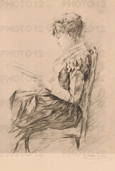 Young woman reading a letter, print, annotation: '1er état', printmaker: Louise Danse (signed by artist), 1877 - 1909, paper, etching, drypoint, intaglio printmaking technique, height 298 mm x width 227 mm, reading, letter, envelope, A sepia-toned sketch shows a young woman seated in profile on a wooden chair, her head tilted downward as she looks at an open book held in her hands; she has short wavy hair and a delicate facial profile, and she wears a dress with a fitted bodice and puffed sleeves, the skirt draped over her lap with visible folds and crosshatching shading; the chair back rises behind her and the wooden seat and legs are sketched beneath, with hatched shading around the figure and on the clothing creating depth against a plain background.