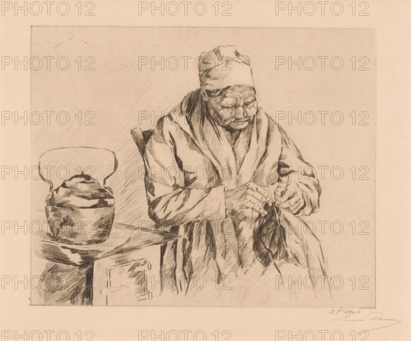 Old woman knitting by the stove, print, annotation: '2ième état', printmaker: Louise Danse (signed by artist), 1877 - 1909, paper, etching, drypoint, intaglio printmaking technique, height 222 mm x width 266 mm, (other forms of) needlework, eg: crocheting, knitting, embroidering, heating stove, A monochrome sketch shows an elderly person seated and wearing a headwrap and a heavy draped garment, their head slightly bowed and eyes closed, with detailed lines indicating wrinkles on the face and hands as they hold and manipulate fabric or a small object; to the left a rounded vessel with a handle sits on a flat surface, rendered with crosshatching and shadow, and the scene is framed by a simple rectangular border on a pale background.