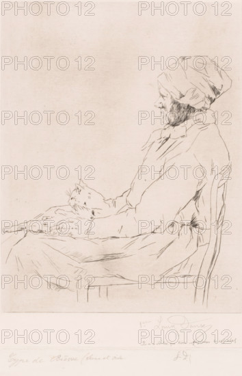 Old woman with a cat on her lap, print, annotation: 'Type de Bièvre (Seine et Oise', annotation: '1er, Il n'a été tiré que trois exemplaires de cet etat', printmaker: Louise Danse (signed by artist), 1877 - 1909, Louise Danse, printmaker, paper, etching, intaglio printmaking technique, height 255 mm x width 186 mm, old woman, cat, A pencil sketch of a seated elderly woman in profile wearing a headscarf and a shawl, her hands resting on her lap where a cat lies; the woman looks straight ahead with a calm expression, the chair back visible behind her, and the drawing rendered with fine, sparse lines on a pale background.